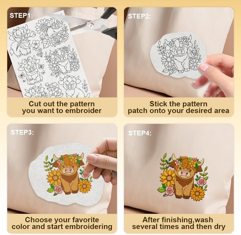DOODLREAM 21Pcs Highland Cow Flower Water Soluble Hand Sewing Stabilizers, 8.3"x11.7" Cute Highland Cow Embroidery Pattern Stabilizer, 4 Sheets Floral Cows Stick and Stitch Embroidery Paper Sticker - Image 4